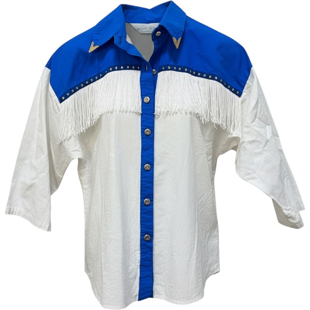 Lilia Smith Vintage Western Fringe Shirt Blue White Gold Star Studded Cotton